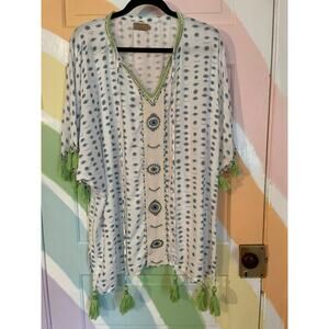Skemo Beaded Kaftan Cover Up Dress Evil Eye Print Tassel Trim Size S